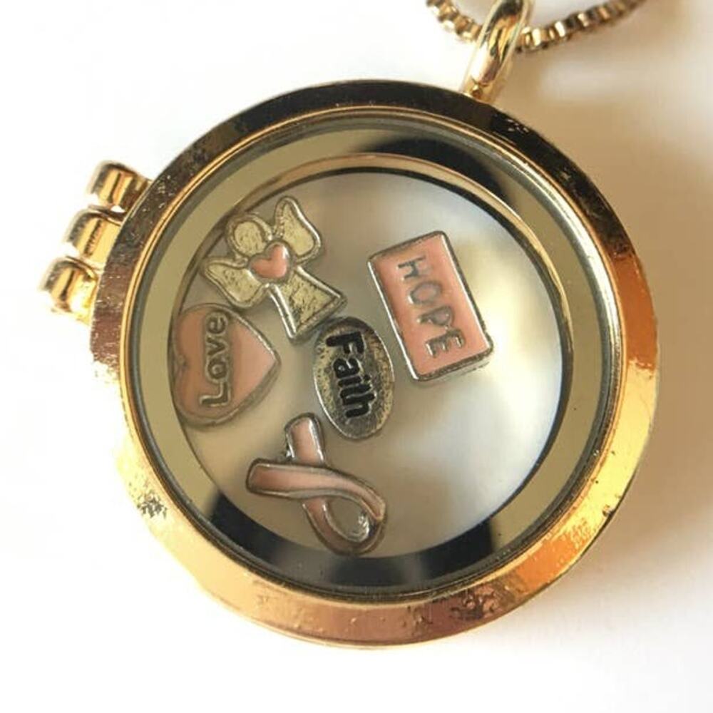 Gold tone hinged magnetic locket necklace - love faith hope